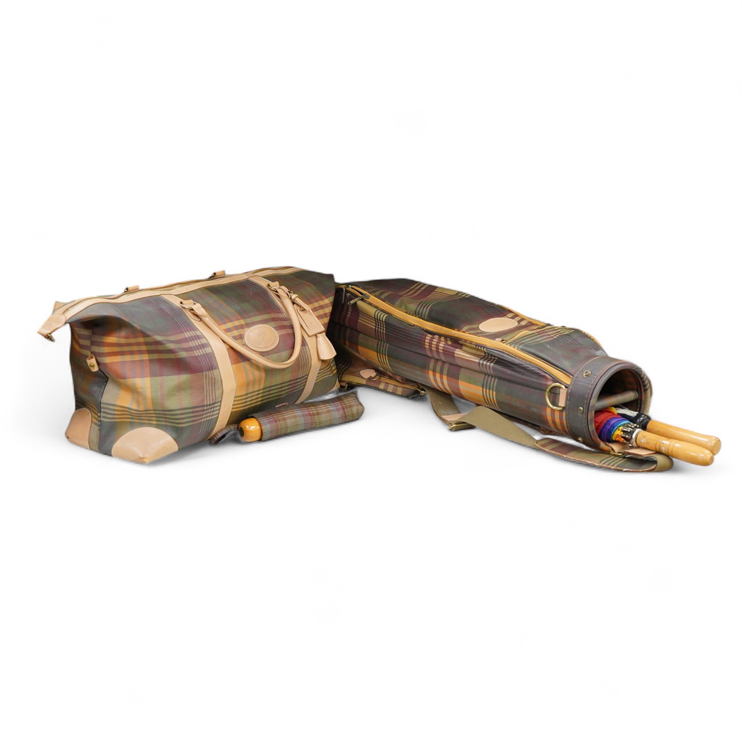 A Mulberry tartan canvas golf case, holdall and umbrella